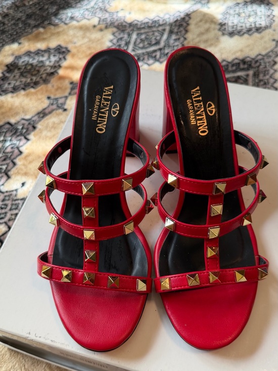 Valentino Garavani Shoes - Valentino Garavani Red Leather Pyramid-Stud Slide Mules